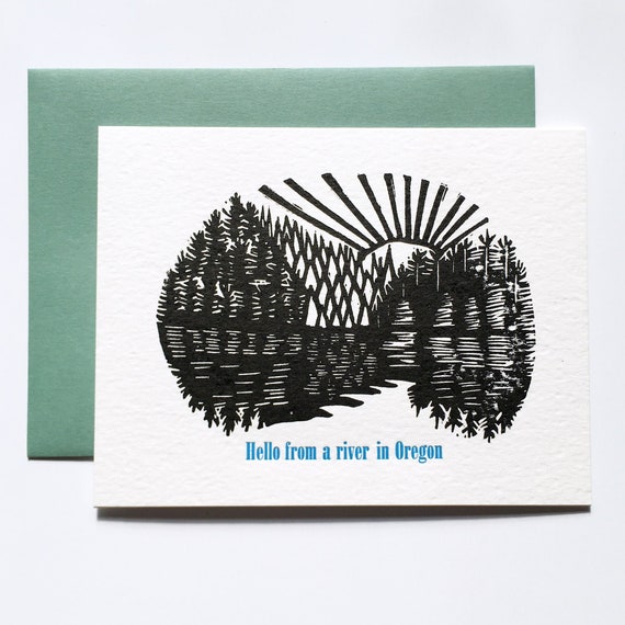 Oregon river Pacific Northwest letterpress linocut card