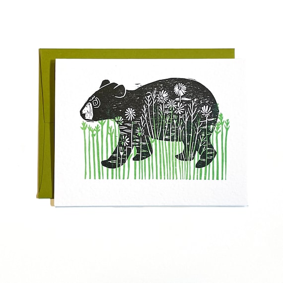 Bear In Grass | Woodland Linocut | blank letterpress card