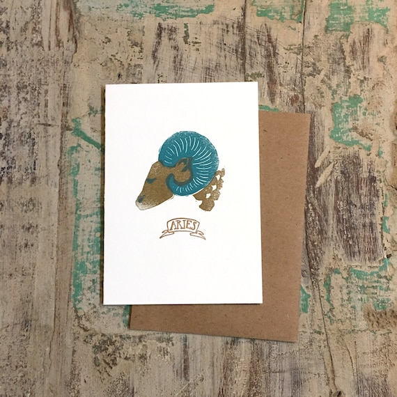 Aries the Ram zodiac letterpress linocut card