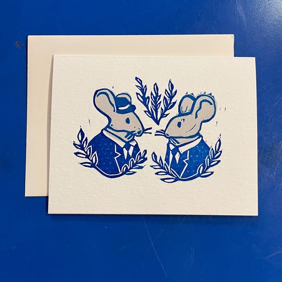 Mr & Mr Mouse linocut letterpress card