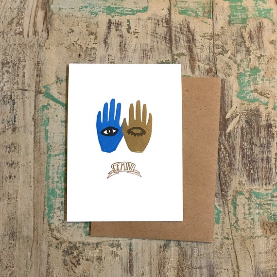 Gemini the Twins zodiac letterpress linocut blank card