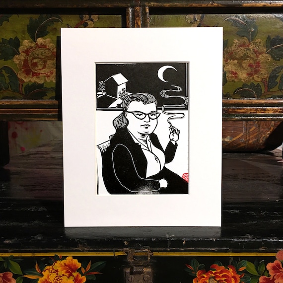 Shirley Jackson linocut letterpress portrait matted