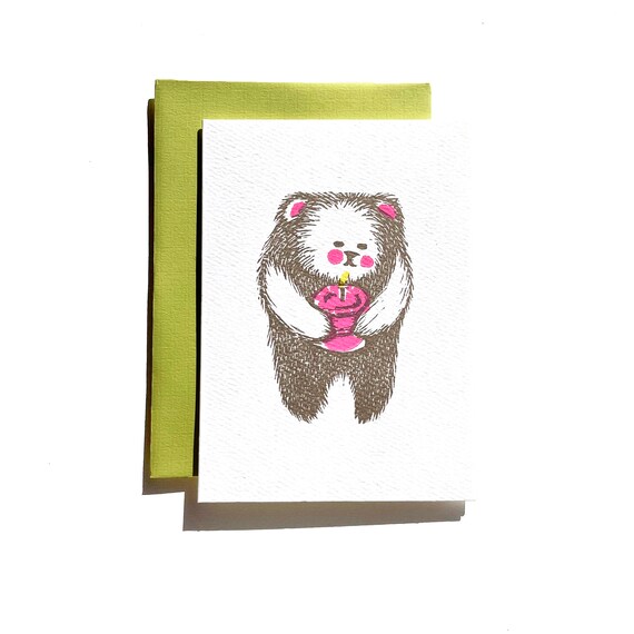 Bear with Cake linocut letterpress card