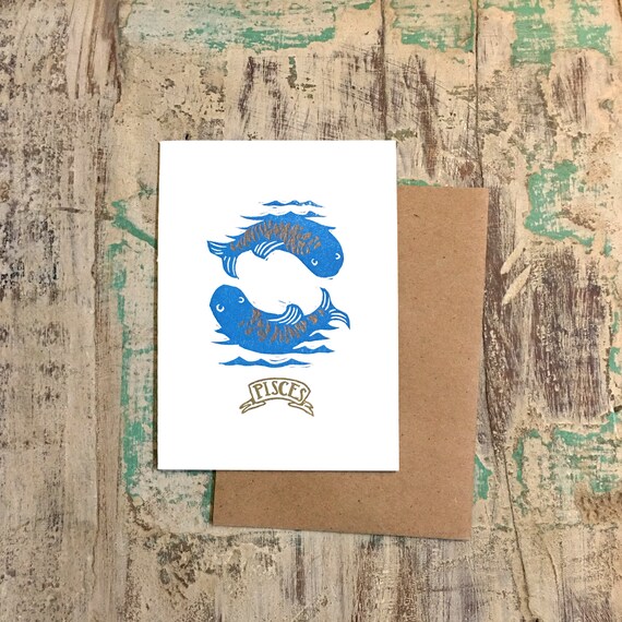 Pisces zodiac letterpress linocut card