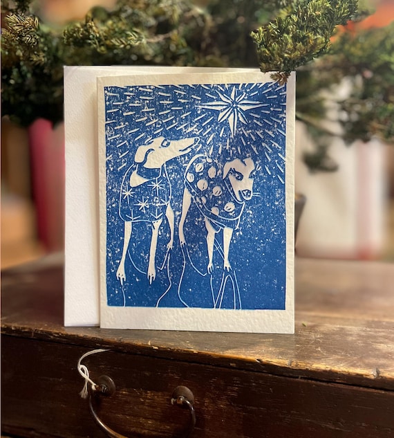 Winter Whippets holiday linocut letterpress card