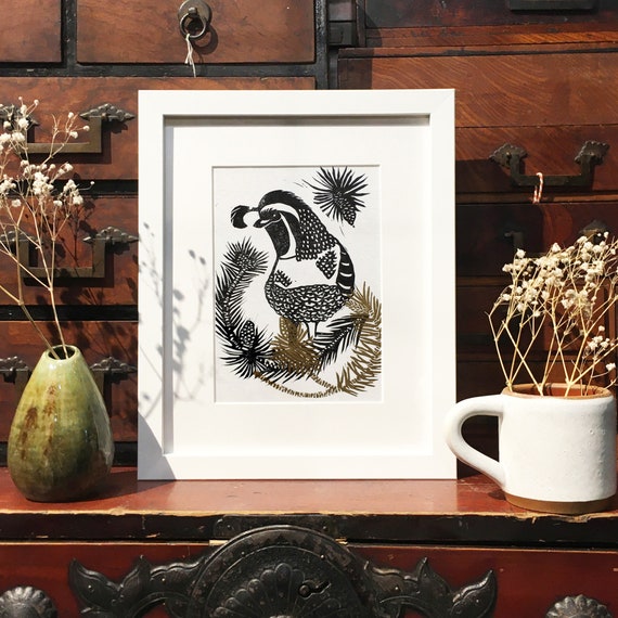 California Quail linocut print