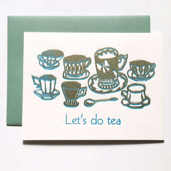 Lets Do Tea linocut letterpress card
