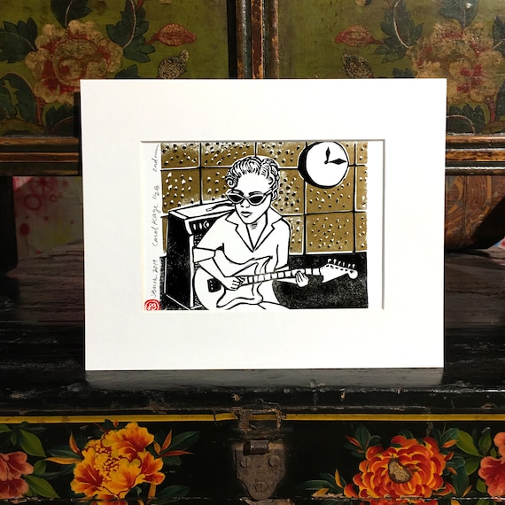 Carol Kaye linocut letterpress print matted
