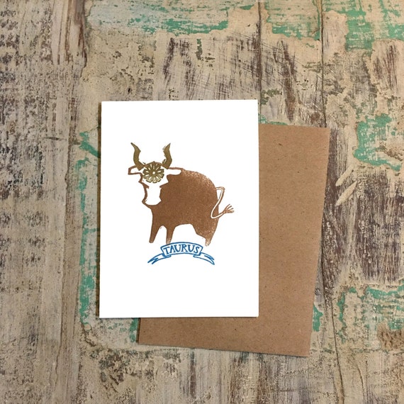 Taurus the Bull zodiac letterpress linocut card