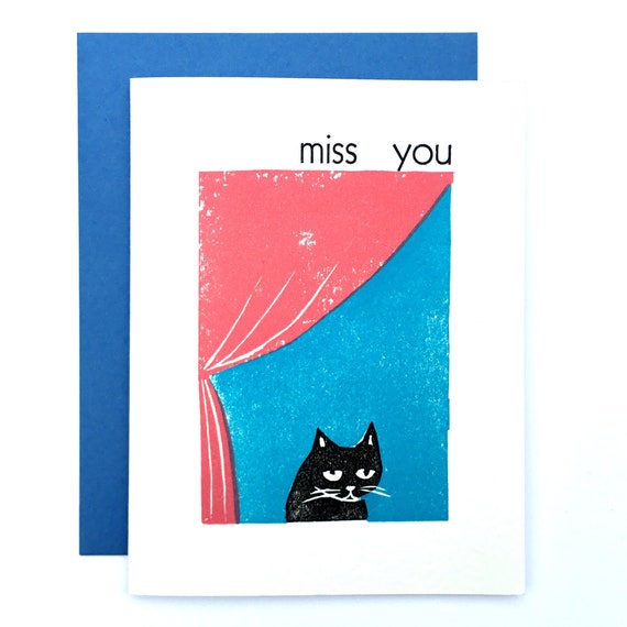 Miss You cat linocut letterpress card