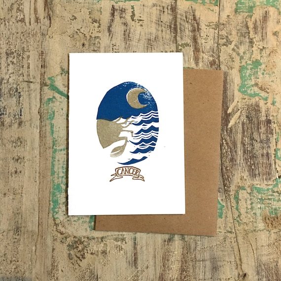 Cancer the Crab zodiac letterpress linocut card