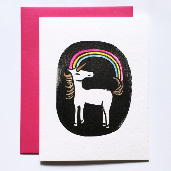 Unicorn letterpress and handpainted greeting card