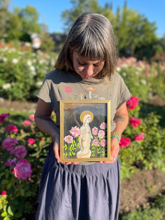 Mary and Roses original watercolor painting framed