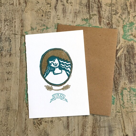 Virgo zodiac letterpress linocut blank card