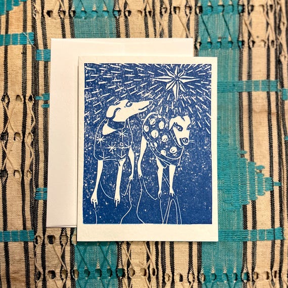 Winter Whippets holiday linocut letterpress card