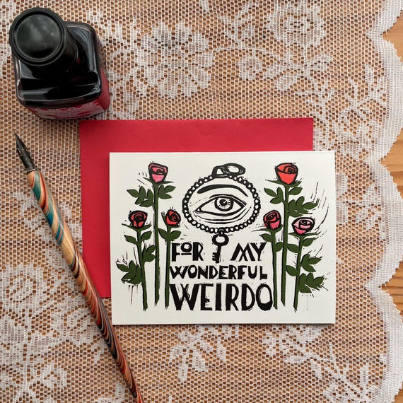 My Wonderful Weirdo linocut letterpress love card