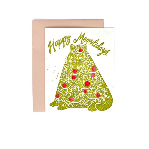 Happy Meowlidays linocut letterpress card