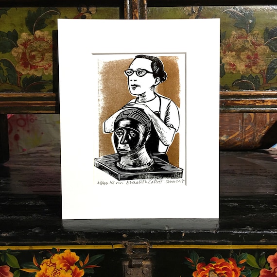 Elizabeth Catlett linocut letterpress portrait matted