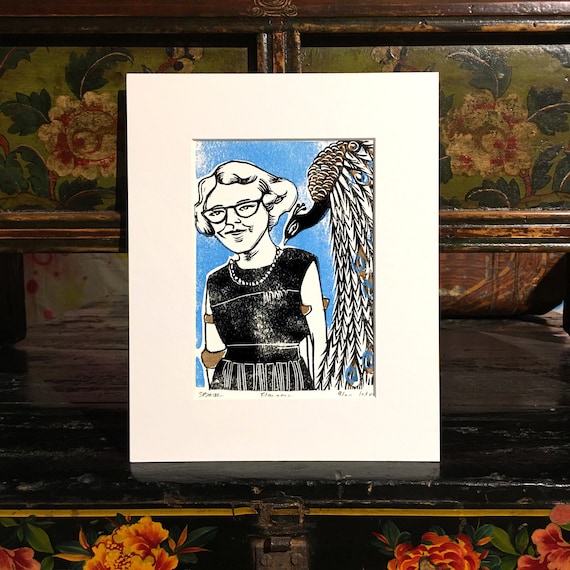 Flannery O' Conner linocut letterpress print matted