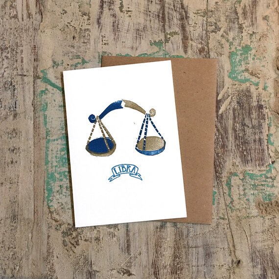 Libra zodiac letterpress linocut card