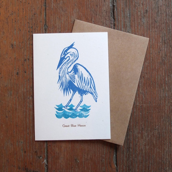 Great Blue Heron bird linocut blank card