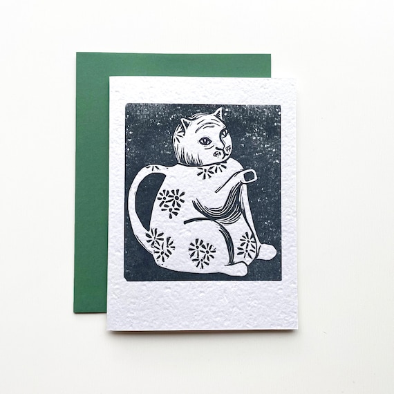 Kitty Teapot letterpress linocut blank card