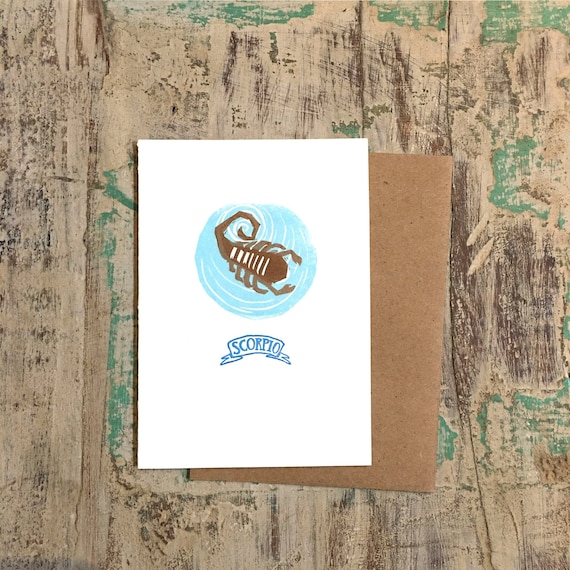 Scorpio zodiac letterpress linocut card