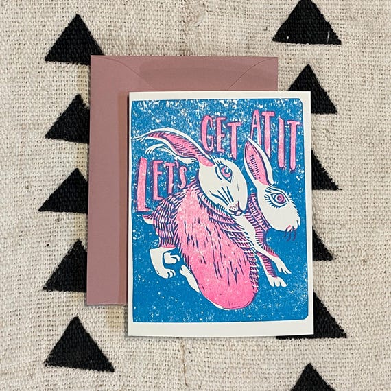 Let's Get At It | bunnies | love | linocut | letterpress card