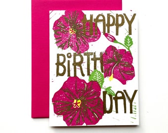Birthday Hibiscus letterpress linocut greeting card