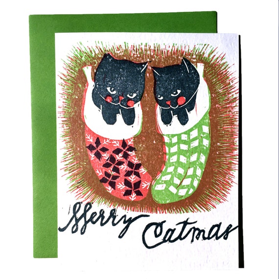 Merry Catmas linocut letterpress card