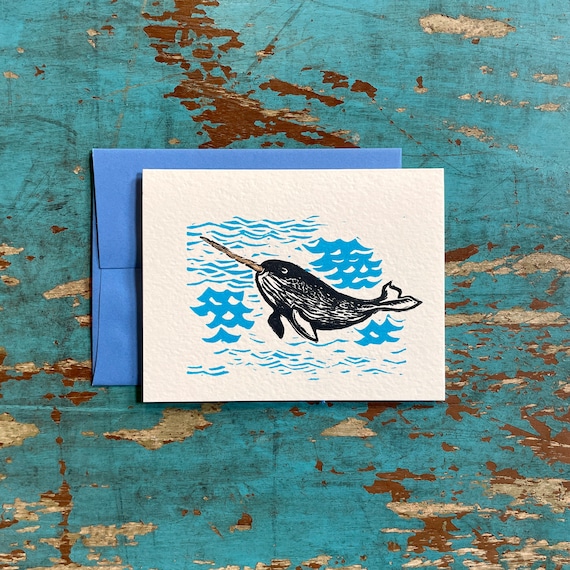 Narwhal Linocut | Nautical Blank letterpress card