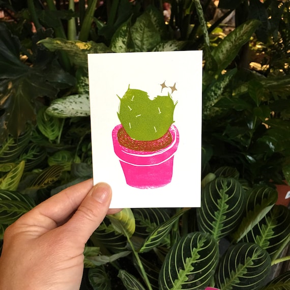 Heart Plant letterpress linocut card