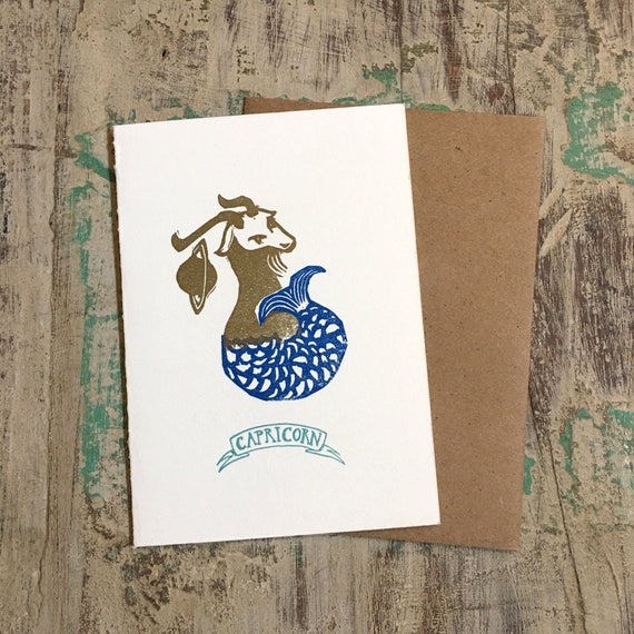 Capricorn zodiac letterpress linocut card