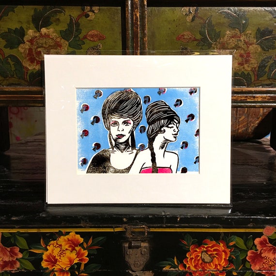 Kate and Cindy B-52s linocut letterpress print