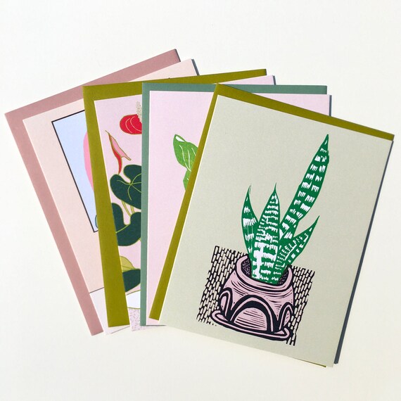 House Plants botanical card set of 4