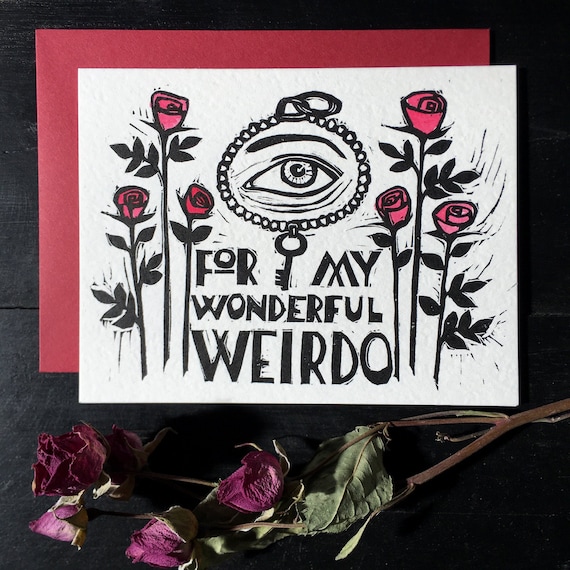 My Wonderful Weirdo linocut letterpress love card