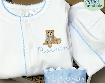 Monogram Baby Boy Footie Personalize Coming Home Outfit for Infant Organic Cotton Sleeper Set for Baby Shower Gift Bundle with Pacifier Clip