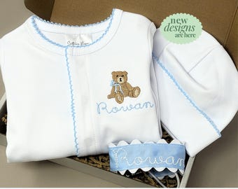 Monogram Baby Boy Footie Personalize Coming Home Outfit for Infant Organic Cotton Sleeper Set for Baby Shower Gift Bundle with Pacifier Clip