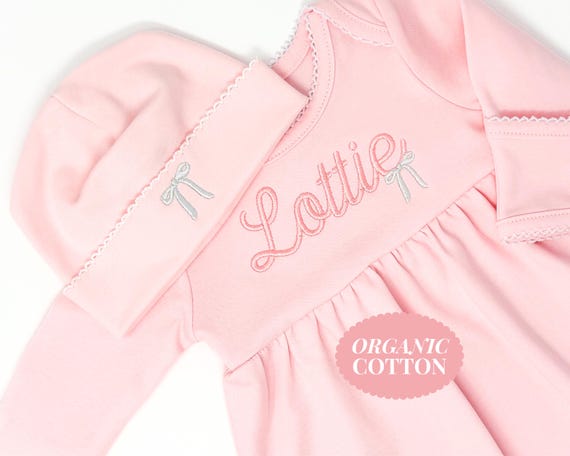 Baby Girl Coming Home Gown Personalized Hospital Outfit Set Monogram Newborn Gift Pink Infant Sleeper Custom Gown Organic Cotton Baby Hat