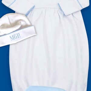 Personalized Baby Gown Coming Home Hospital Outfit Monogram Organic Cotton Infant Sleeper Light Blue Newborn Clothing Baby Boy Shower Gift image 10