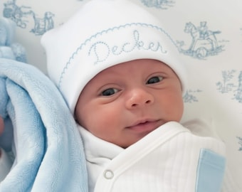 Embroidered Newborn Hat Hospital Coming Home Outfit Baby Name Hat Custom Baby Shower Gift for Gender Reveal Idea Monogram Infant Beanie