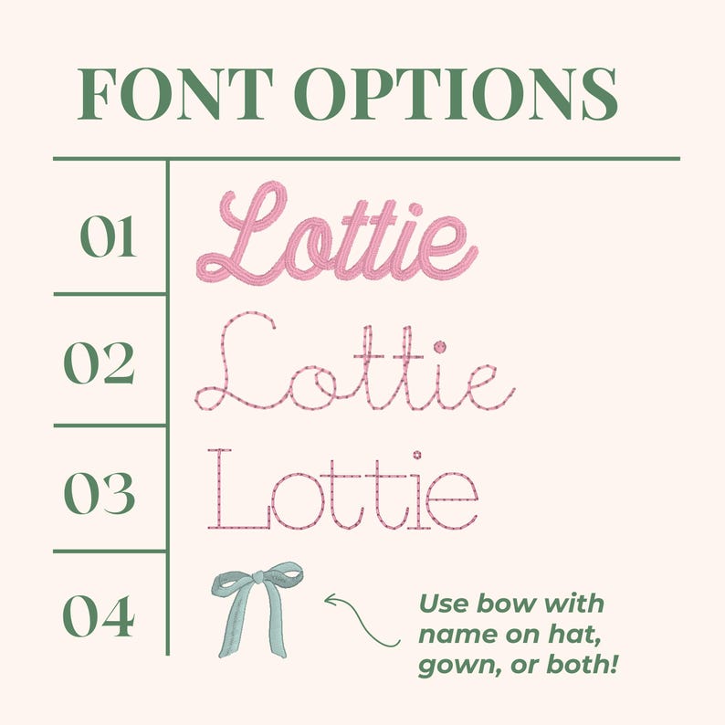 Może przedstawiać: Grafika przedstawiająca opcje czcionek dla spersonalizowanych przedmiot&oacute;w. U g&oacute;ry znajduje się tekst "FONT OPTIONS". Poniżej cztery r&oacute;żne style czcionek dla imienia "Lottie" w kolorze r&oacute;żowym. Dołączona jest ilustracja jasnoniebieskiej kokardy.
