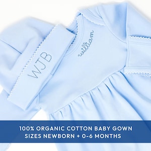 Personalized Baby Gown Coming Home Outfit Baby Shower Gift Custom Made Organic Cotton Light Blue Sleeper Newborn Hospital Attire Curved Neckline Name Design Matching Hat Set Special Occasion Wear Quality Construction Soft Knit Fabric