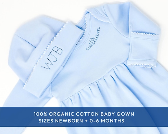 Personalized Baby Gown Coming Home Hospital Outfit Monogram Organic Cotton Infant Sleeper Light Blue Newborn Clothing Baby Boy Shower Gift