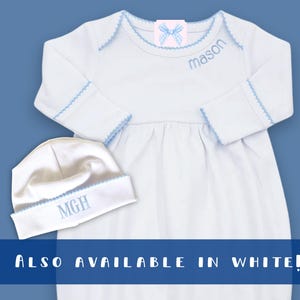 Light Blue Baby Gown Personalized Name Design Organic Cotton Coming Home Outfit Baby Shower Gift Special Occasion Wear Newborn Size Option Quality Construction Beautiful Matching Hat Set Soft Knit Material Custom Made Details Curved