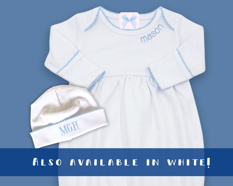 Light Blue Baby Gown Personalized Name Design Organic Cotton Coming Home Outfit Baby Shower Gift Special Occasion Wear Newborn Size Option Quality Construction Beautiful Matching Hat Set Soft Knit Material Custom Made Details Curved
