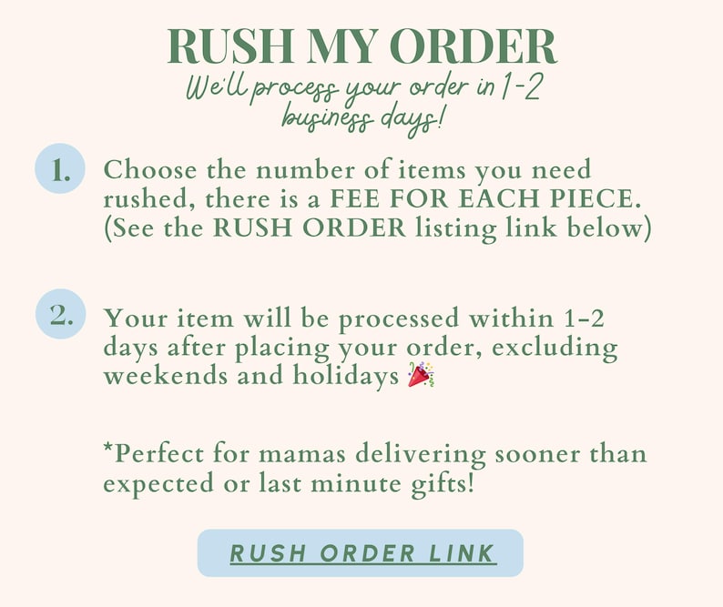 Może przedstawiać: Grafika z zielonym tekstem "RUSH MY ORDER", zawierająca instrukcje dotyczące przyspieszonej realizacji zam&oacute;wień. Zawiera informacje o czasie przetwarzania, opłatach i link do listy zam&oacute;wień pilnych.