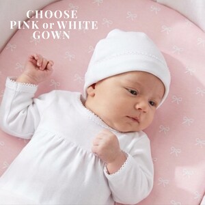 Baby Girl Coming Home Gown Personalized Hospital Outfit Set Monogram Newborn Gift Pink Infant Sleeper Custom Gown Organic Cotton Baby Hat
