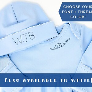Organic Cotton Baby Gown Custom Made Coming Home Outfit Light Blue Newborn Sleeper Personalized Name Design Hospital Ready Attire Baby Shower Gift Special First Outfit Beautiful Matching Hat Set Soft Knit Material Curved
