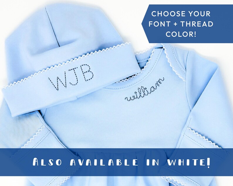 Organic Cotton Baby Gown Custom Made Coming Home Outfit Light Blue Newborn Sleeper Personalized Name Design Hospital Ready Attire Baby Shower Gift Special First Outfit Beautiful Matching Hat Set Soft Knit Material Curved